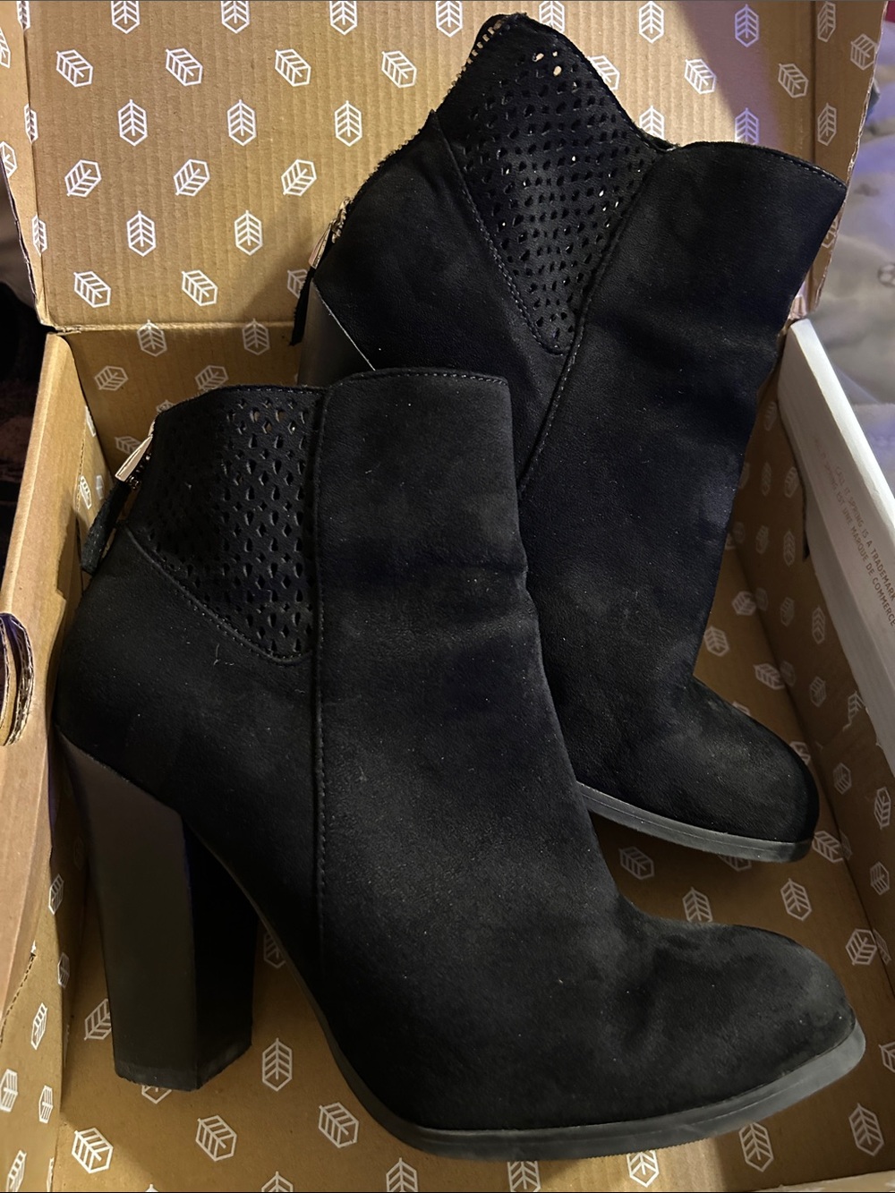Call It Spring Black Suede Perforated Block Heel Ankle Boots